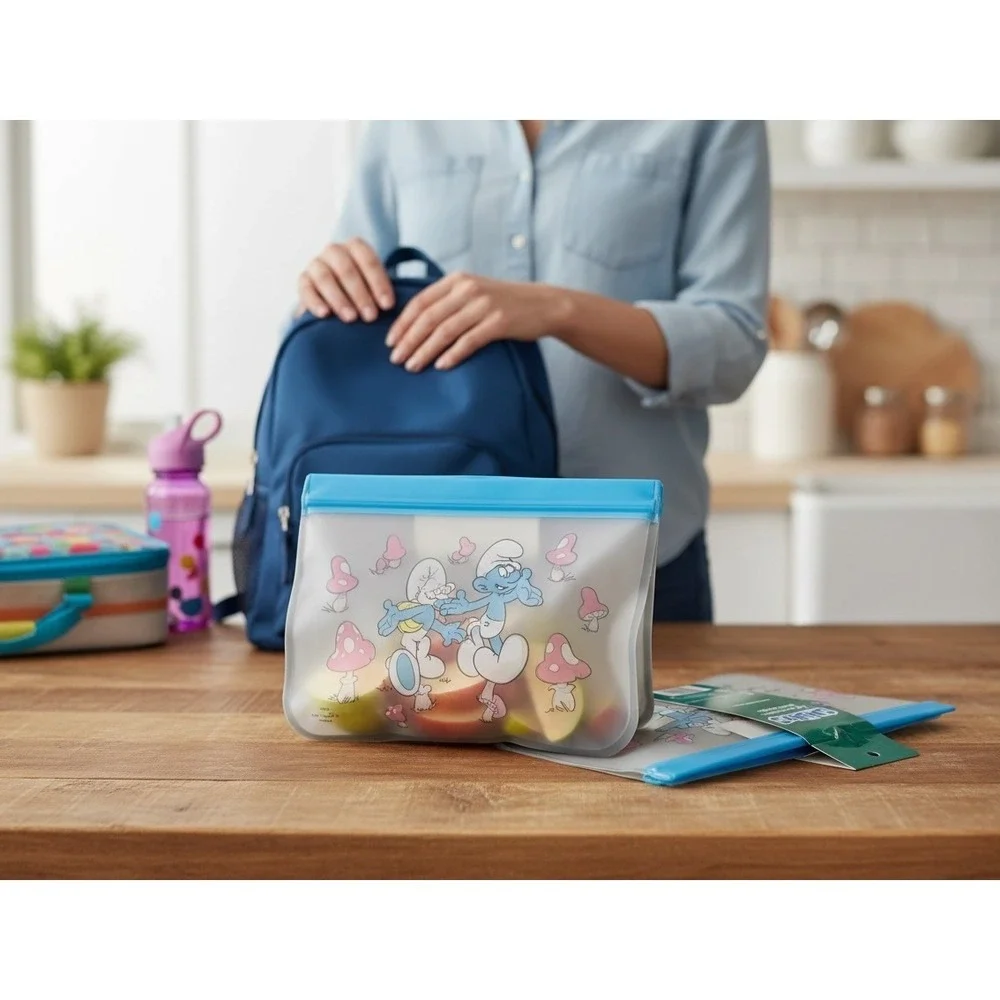 The Smurfs Reusable Snack Bags 2pk x2 and Toast Stamp Blue Retro School Lunch